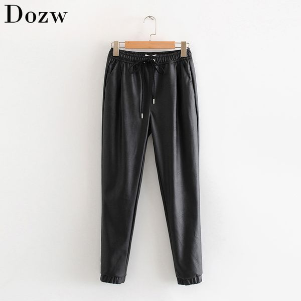

women black chic pu leather pants elastic waist long length elegant bottoms drawstring tie pockets basic female trousers xs-xl 210414, Black;white