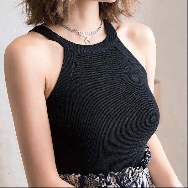 

knitted crop shoulder solid womens camis round neck club sleeveles tank for summer, White
