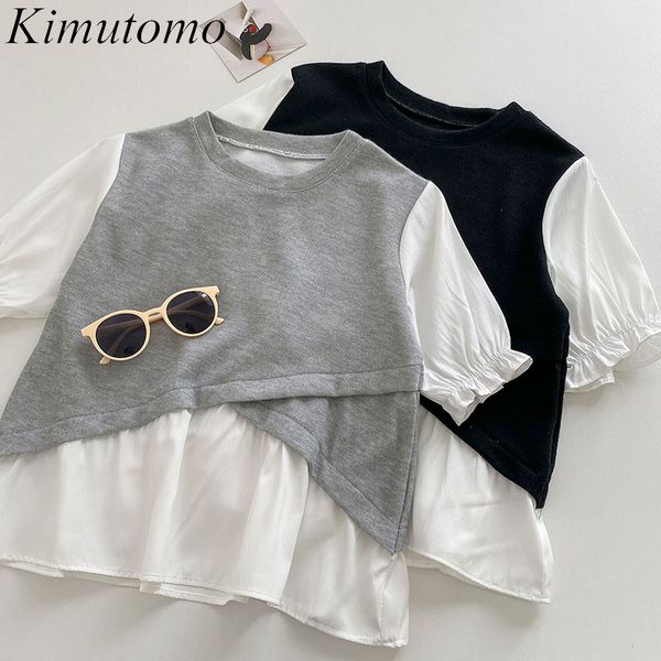 

kimutomo fake two piece shirt women's summer korean fashion wild o neck pullover solid color patchwork casual 210521, White