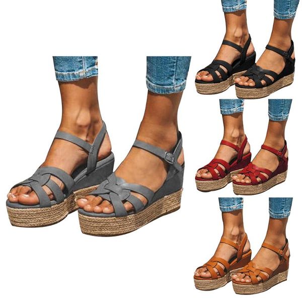 

sandals women s shoes lady summer pu leather high heels 2021 chaussures femme platform plus size 43, Black