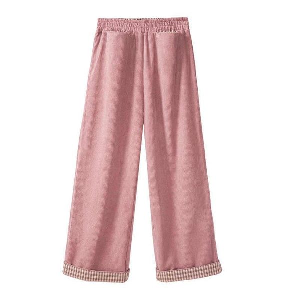 Pantaloni di velluto a coste da donna Pantaloni larghi elastici dritti in vita a tutta lunghezza Rosa Marrone Beige Casual Inverno caldo P0028 210514