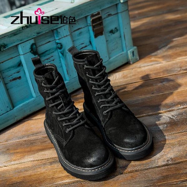 

boots autumn and winter flat bottom low heel british women's mid-tube frosted leather motorcycle, Black