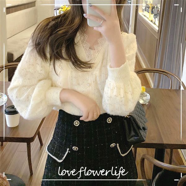 

lace knitted sweater women spring korean style puffer sleeve v-neck office elegant pullover female casual vintage chic 210521, White;black