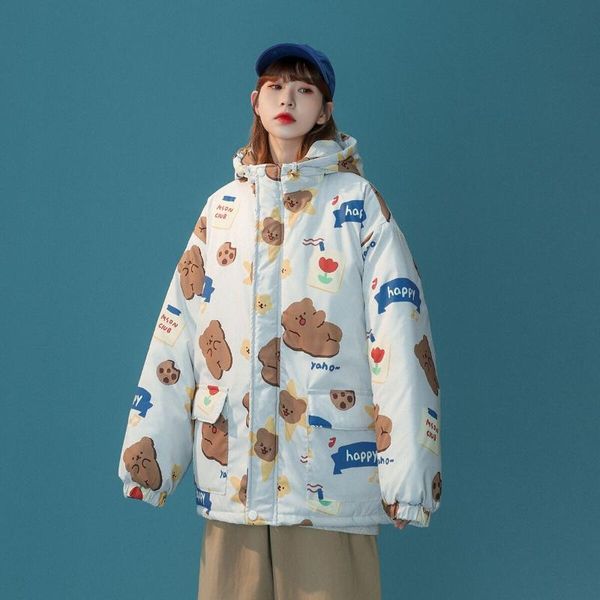 

women's down & parkas bear print padded jacket hooded quilted coat lady casual warm outwear, Black