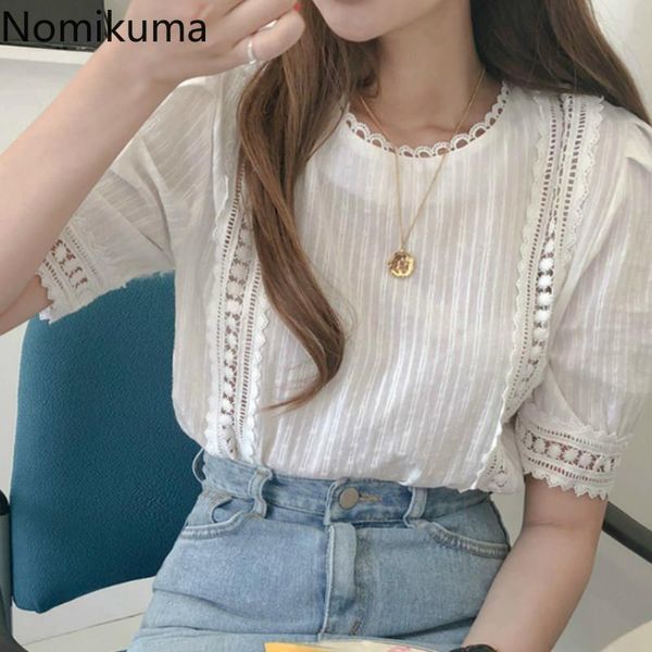 

elegant lace patchwork short sleeve women shirt hollow out vintage fashion summer blusas 3a941, White