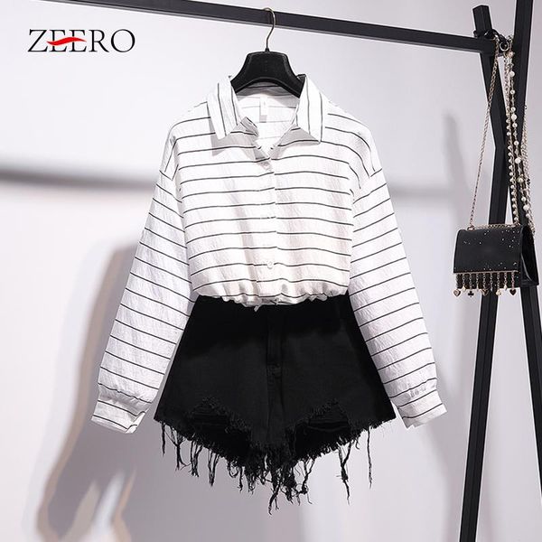 

two piece dress summer set and pants women casual striped lace up white shirt + black tassel cool denim shorts 2