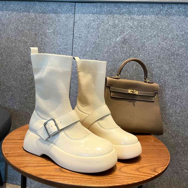 

british style short women's spring and autumn 2021 cowhide martin with thick sol, versatile socks boots, net red single, Black