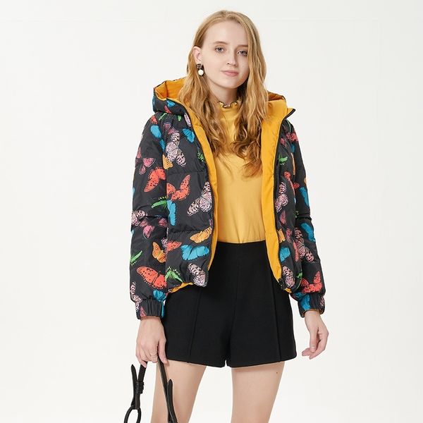 

guangzhou shanmian coat women's 2021 winter new printed bread suit white duck down hooded jacket k4y02, Black