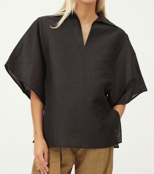 

summer pullover five-point sleeve v-neck loose blouse black shirt women's blouses & shirts, White