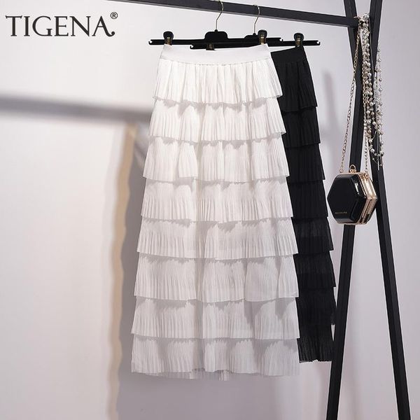 

skirts tigena 8 layers tiered skirt women fashion 2021 summer high waist pleated long maxi female casual holiday sun school, Black