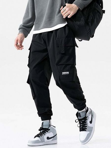 

men letter graphic flap pocket cargo pants i1hx#, Black