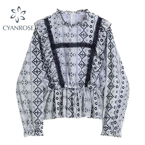 

retro chic print blouses and shirts for ladies bohemian lantern long sleeve spring chiffon blusas ruffle spliced beach 210515, White