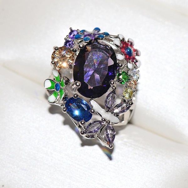 

cluster rings european enamel purple zircon for women silver color flower dragonfly with colorful zirconia party jewelry anillos, Golden;silver