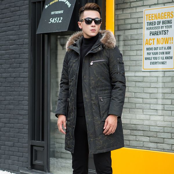 

men's leather & faux winter jacket men parka fur coat natural raccoon collar luxury duck down jackets parkas hombre yp17179 yy313 oihw, Black