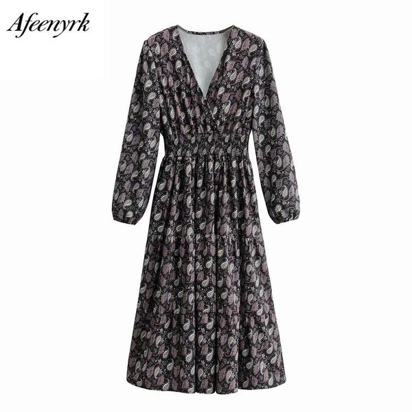 

casual dresses afeenyrk cashew flower draped dress women floral print pleated midi female three quarter sleeve party vestido, Black;gray