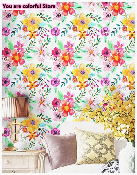 

wallpapers red/yellow/purple flower green leaves self-adhesive peel and stick wallpaper home handpainting seamless contact paper