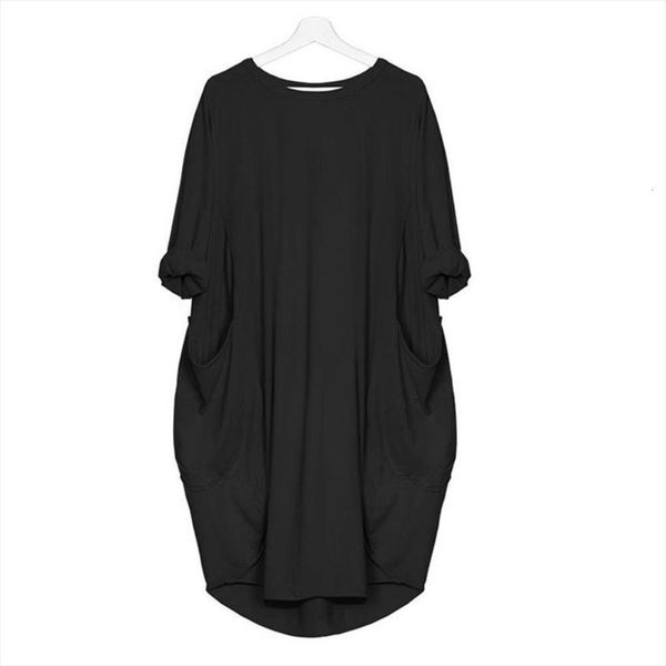 

casual solid color o neck women dresses long sleeve pockets knee length baggy summer black  4xl street wear, Black;gray