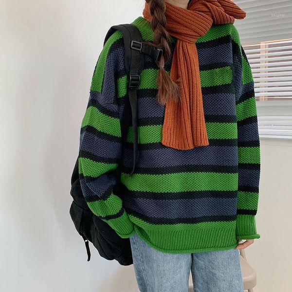 

women's sweaters autumn college style loose stripe hit color long-sleeved casual round neck knitted sweater simple fashion top, White;black