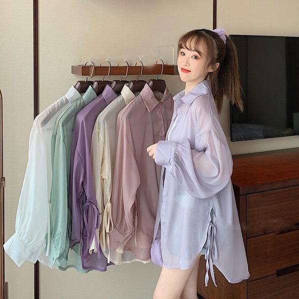 

women's blouses & shirts women 2021 summer turn-down collar loose casual lace-up long sleeve buttoned up shirt, White