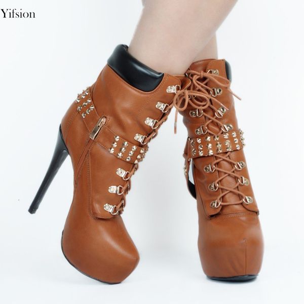 

boots olomm woman platform stiletto boots high heels lace to round toe brown riding shoes plus me size 4-15 55ja, Black
