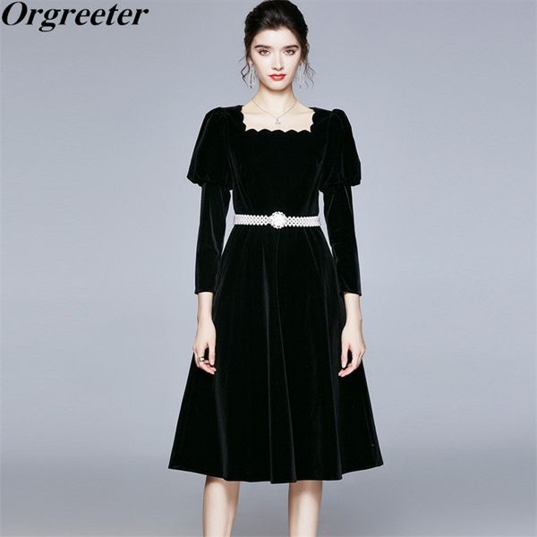 

celebrity the same black mid velvet dress fall winter retro square collar puff sleeve beaded belt party female 210602, Black;gray