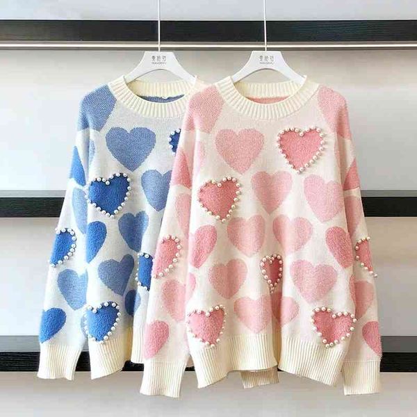 

banulin autumn winter beaded heart shape knit pullovers long sleeve sweater women's o-neck loose knitted jumper 210603, White;black