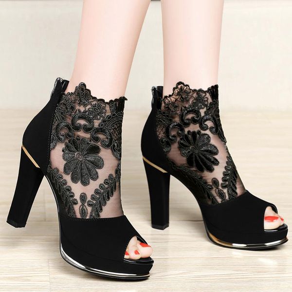 

dress shoes women sandals 2021 fashion summer high heels hollow mesh size 35 - 41, Black