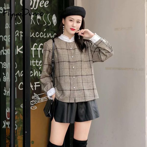 

women's blouses & shirts 2021 women plaid check office ladies work cotton tunic casual loose ruffles hem buttons down blusas plus size, White