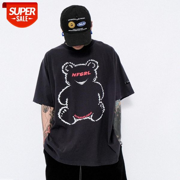

bear print short-sleeved t-shirt men's loose round neck five-point sleeve fluid shirt #bn44, White;black