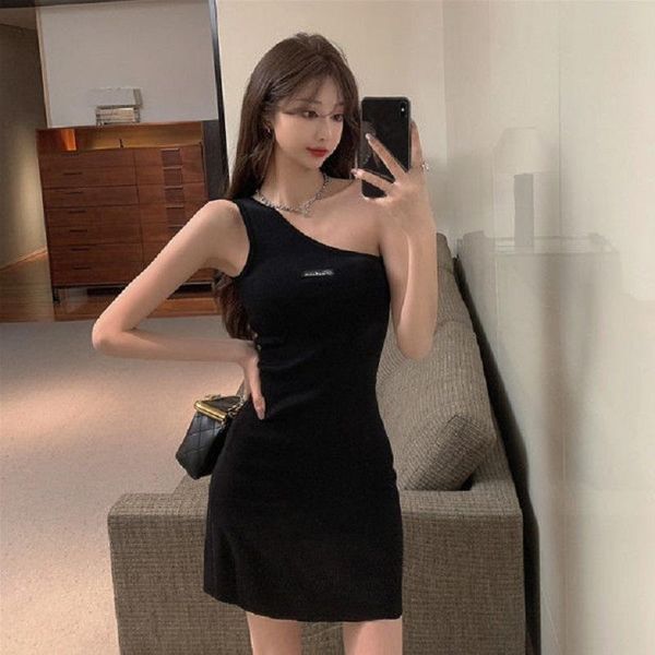 

casual dresses knitting one shoulder diagonal collar dress women bodycon party backless mini club ladies evening sundress 2021, Black;gray