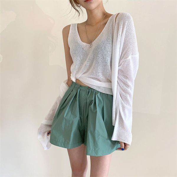

slim summer casual v-neck vest+femme streetwear women coats outwear all match loose solid brief cardigans sweaters sets 210421, White