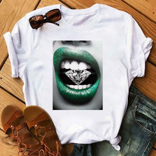 

women's t-shirt the lips women tshirt fashion graphic printed harajuku 90s ulzzang rose diamond snake casual tee, White
