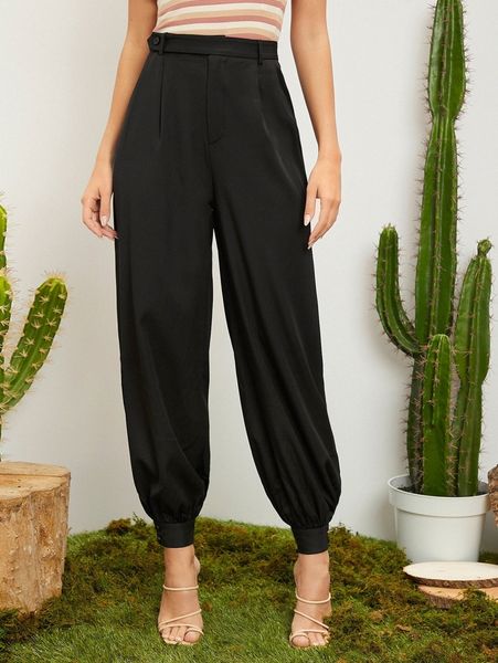 

solid high waist plicated pants h8s9#, Black;white