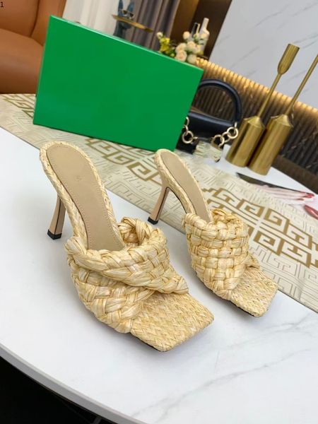 

2021 women high heels summer slipper woven leather mules squared sole the lido sandal party sandals shoes kjh0002, Black