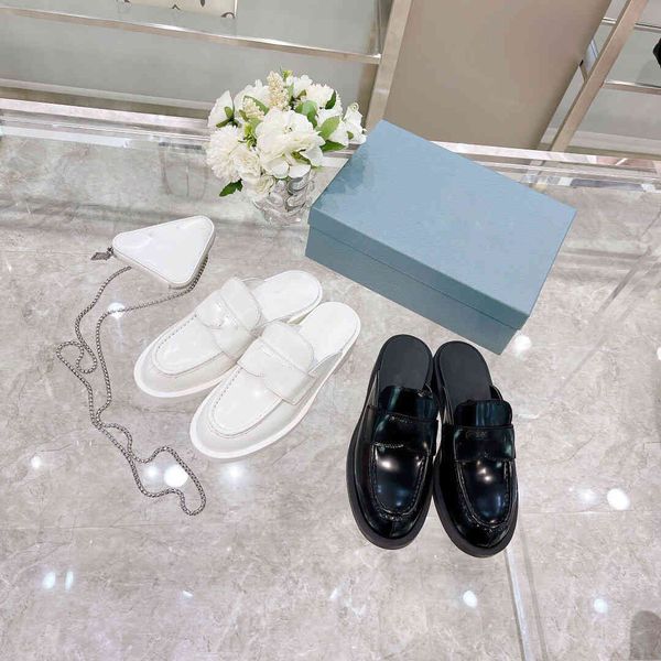 

slippers 2021 spring new one foot pedal lefu shoes leather flat bottomed round toe single shoes triangle label patent leather half slippers, Black