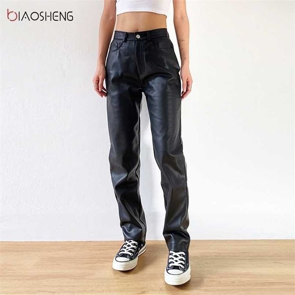 

cargo pants women black faux leather high waist pockets fashion straight trousers streetwear 211115, Black;white