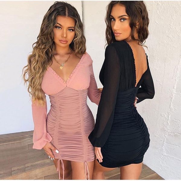 

v neck short dress women holiday chiffn lace up drawstring ruched mini femme bandage vestidos casual dresses, Black;gray