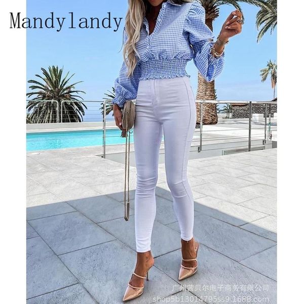 

mandylandy plaid print t-shirt women loose shirt summer lantern sleeve single-breasted pleated turn-down collar women's, White