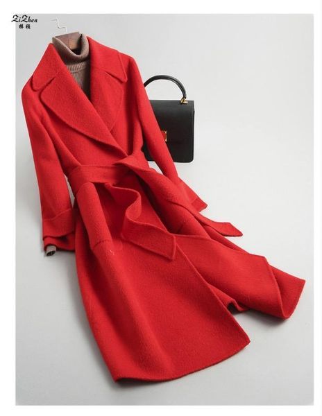 

zizhen long wool&blends trench coat with belt and turn-down collar spring fashion pockets 190408-1,kqn39402, Black