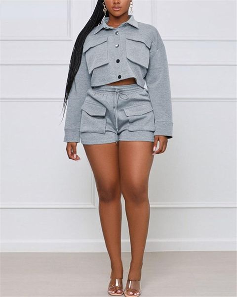 

women's tracksuits 2021 casual solid color lapel pocket jacket and drawstring shorts suit, Gray