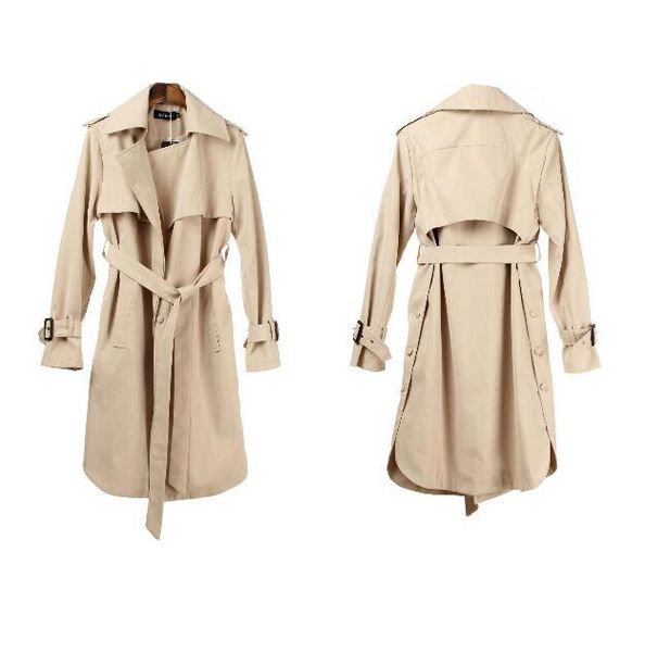 

women's trench coats 2021 spring and autumn long-sleeved casual solid color long coat lace, Tan;black