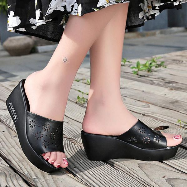 

slippers aphixta platform women wedge slides fish mouth sandals leather wedges high heels peep toe slipper woman shoes, Black