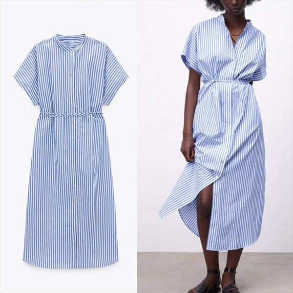

za blue striped long women dress short sleeve adjustable tied belt office lady dresses woman up vintage summer, Black;gray