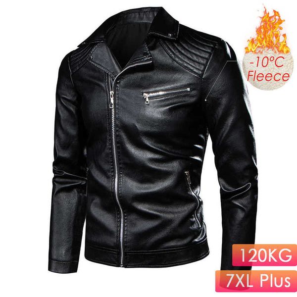 

7xl plus men winter motor biker vintage casual fleece leather jacket coat men autumn design rivet pockets leather jackets 210928, Black