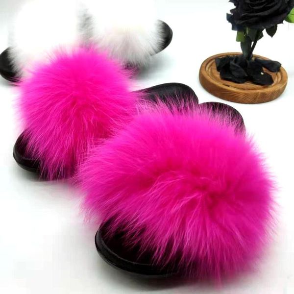 

slippers pink women's real fur slides fuzzy furry comfort sliders sandals shoes beach flip flops woman raccoon, Black