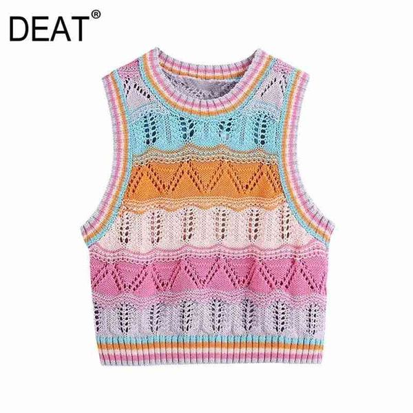 

[deat] women summer fashion sleeveless round neck splicing multicolor pullovers knitting vest 13q383 210527, Black;white