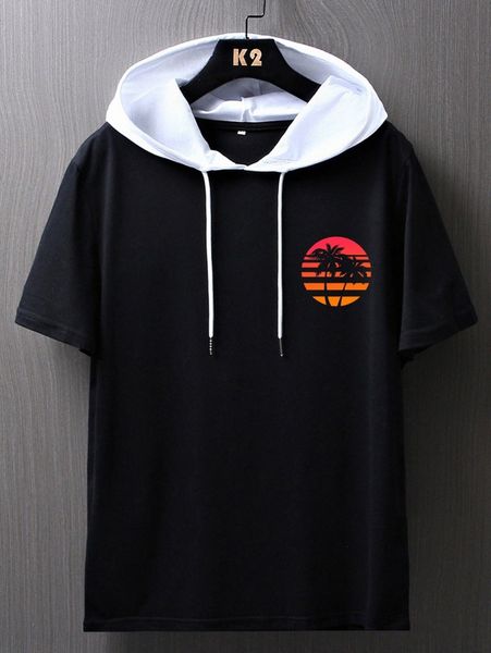 

romwe guys tropical print hooded tee l4ub#, White;black