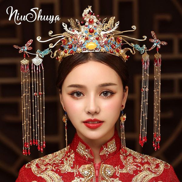 

hair clips & barrettes niushuya chinese traditional bridal headdress jewelry flower butterfly long tassel headband earrings accessories, Golden;silver