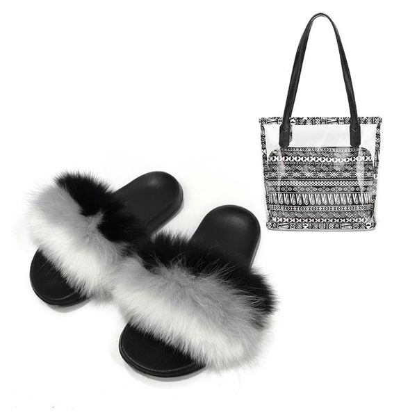 

design women real fur slides transparent retro pvc shoulder bags sets female outside flower printed furry slippers, Black