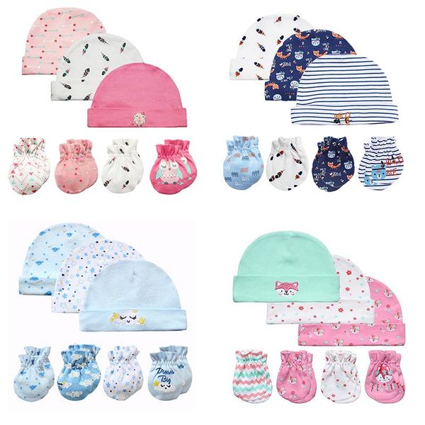 

children's mittens born baby 3 caps and 4 scratch 0-3 month accessories 100% cotton hat&gloves, White